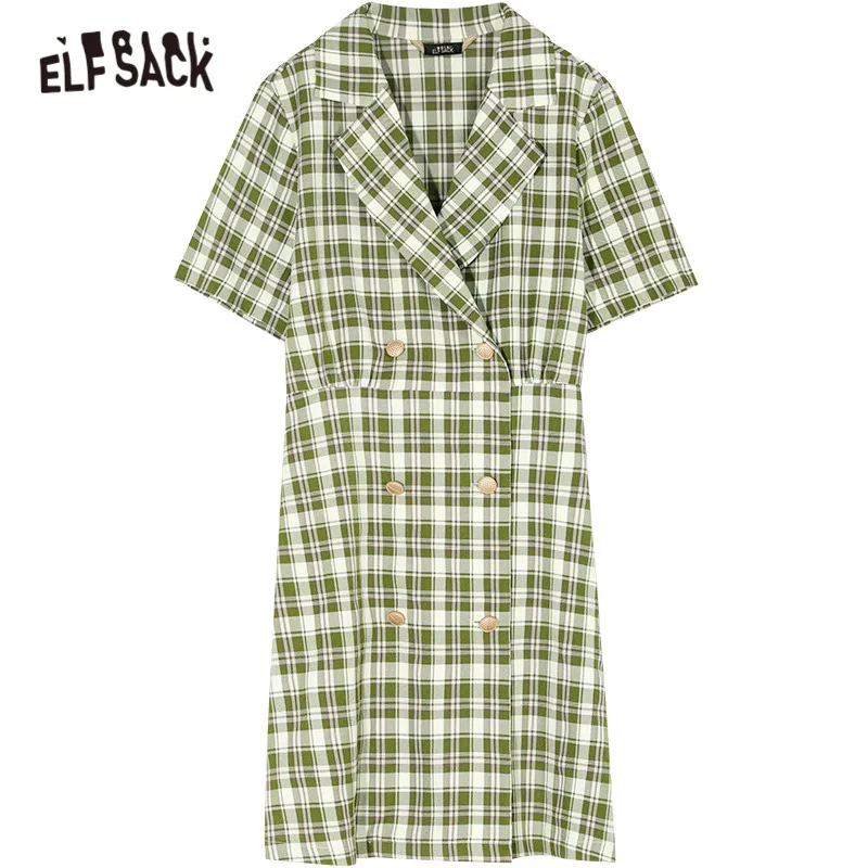

ELFSACK Green Plaid Double Chic Button Casual Preppy Mini Dresses Women 2020 Spring New Half Sleeve Ladies Korean Daily Dress