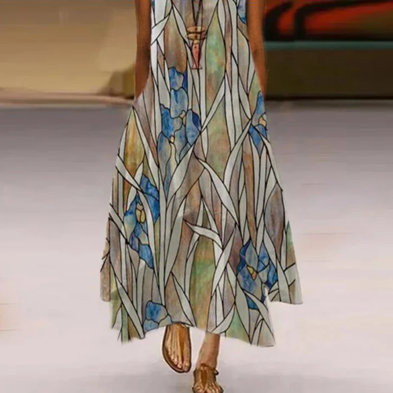 

2021 Spring Skew Collar Sleeveless Long Dress Women Retro Pattern Print Pocket Party Dress Summer Loose Irregular Casual Dresses