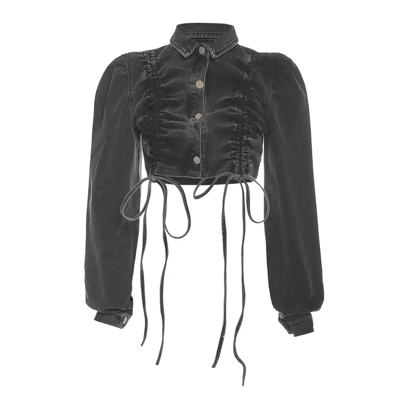 

Women black Pleated Button Jeans Jacket Spring 2021 Autumn High Street Dark Academia Drawstring Fashion Denim Mujer Jacket Tops