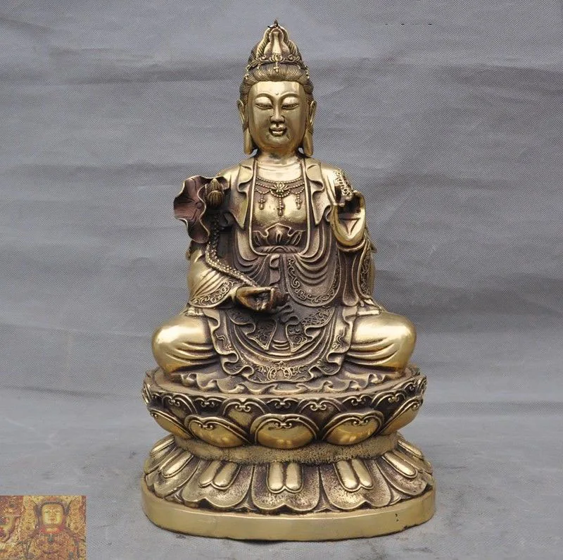 

wedding decoration 14"China Buddhism brass copper lotus Kwan-yin Guanyin Bodhisattva Buddha statue New Year