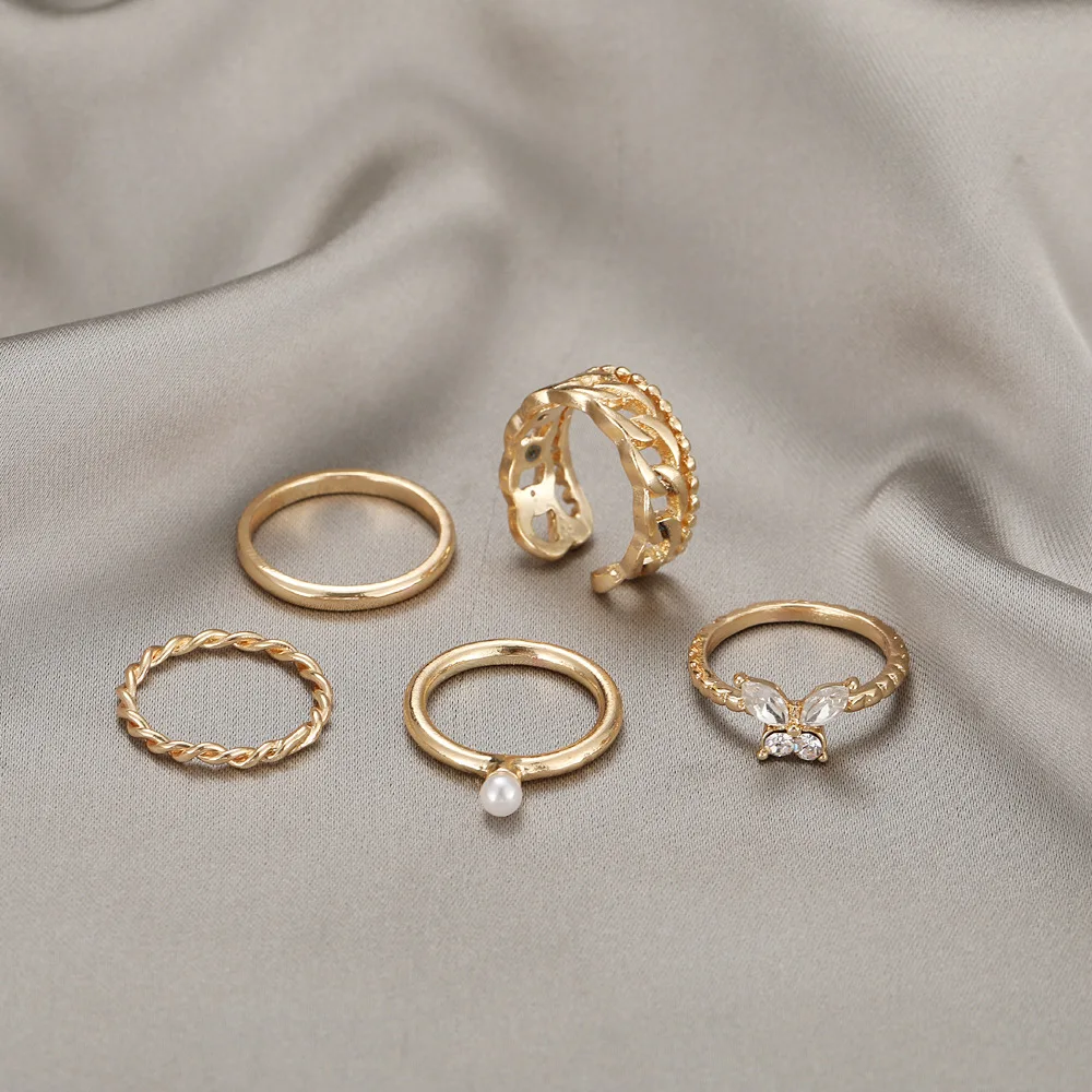 

Vintage Gold Silver Color Butterfly Pearl Rings For Women Geometric Chain Rings Set Chic Finger Charm Wedding Friendship Jewelry