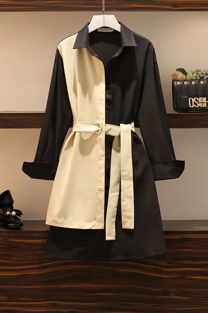 

SuperAen Plus Size Autumn New Fashion Waist Loose Slim Contrast Color Full Turn-down Collar A Line Sashes Casual Dress for Women