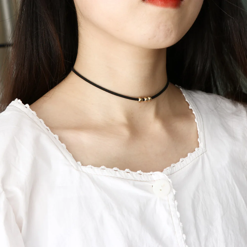 

Gothic Style Black Rope Women's Neck Chain Choker Rope Necklaces Gold Color Beads Goth Jewelry Collar For Girls Ladies Chocker