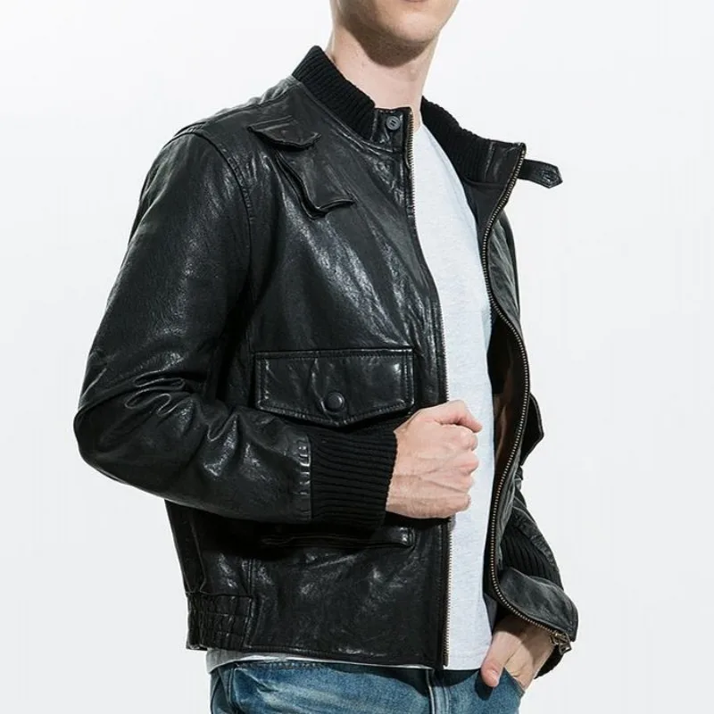 

Leather 100% Real Slim Men Motorcycle Jacket Winter Warm Down Jackets Zipper Stand Collar Sheepskin Short Coat Plus Size 5XL