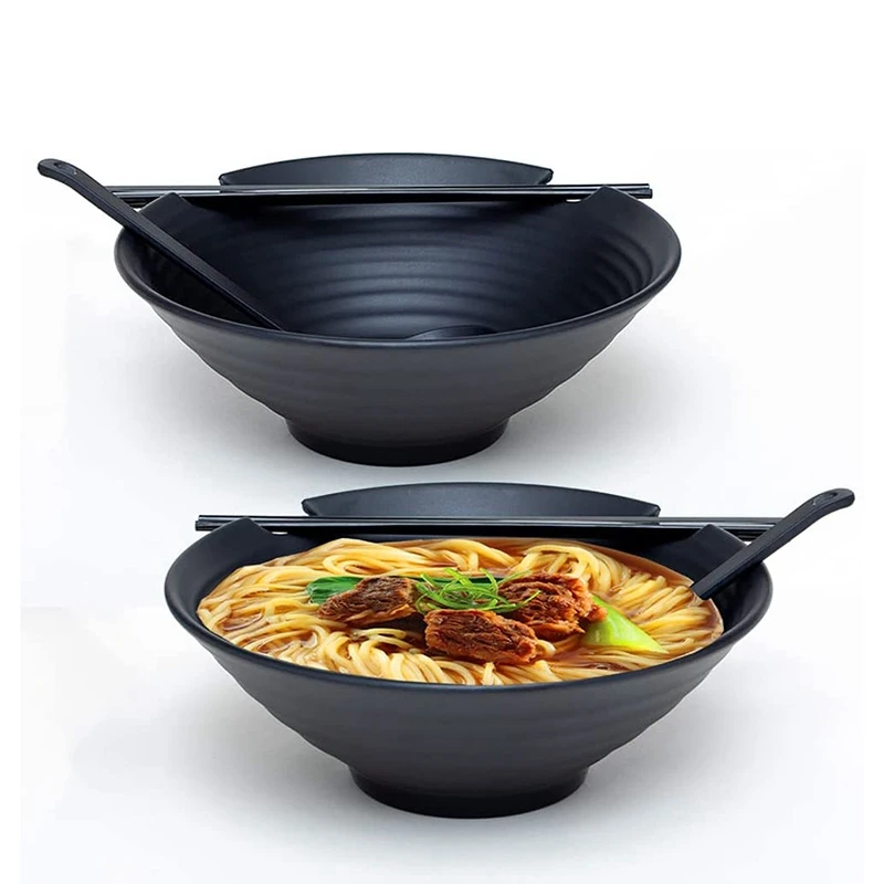 

Ramen Bowls, Set of 2 Black Bowl with 2 Chopsticks and Spoon Set, Japanese Noodles Bowl for Soup, Salad, Thai and Udon