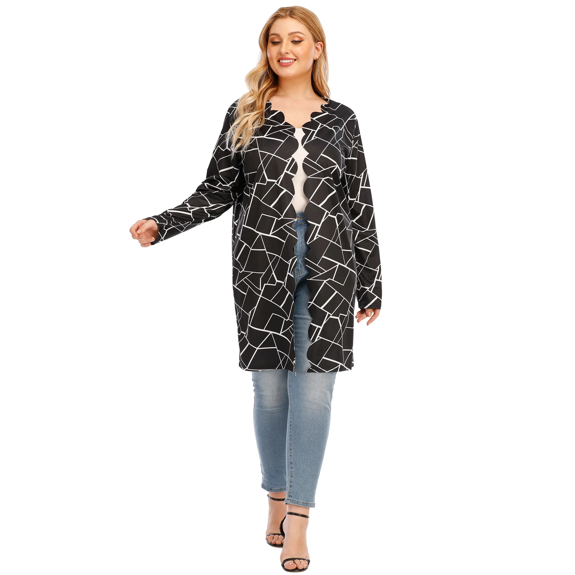 

2021 spring autumn plus size long cloak for women large long sleeve loose casual black print thin cardigan coat 4XL 5XL 6XL 7XL