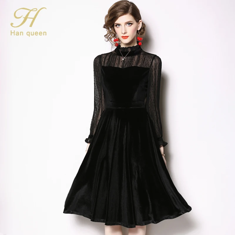 Black H Han queen Новое Осеннее подиумное кружевное вышитое золотистое бархатное платье для женщин Vestido с длинным рукавом модные женские тонкие черные вечерние платья - Цвет: Black