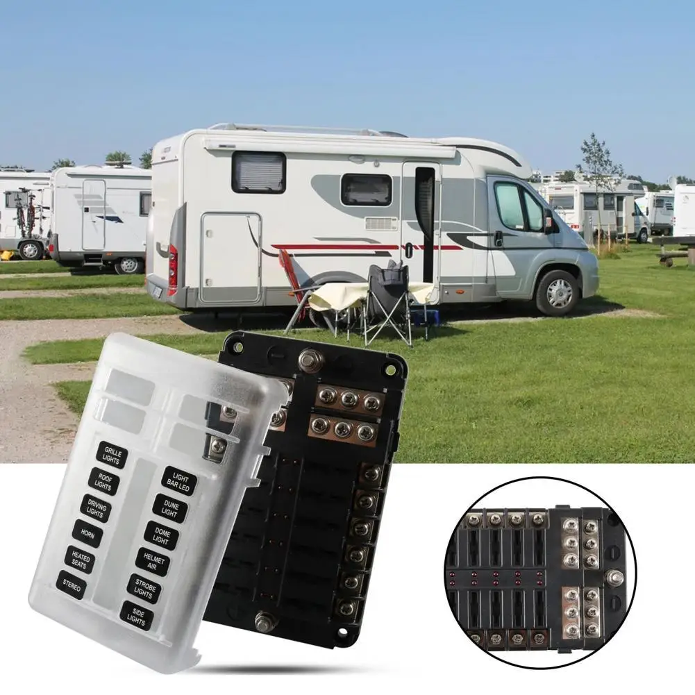 

12-Way Fuse Box Blade LED Indicator Negative Terminals Fuse Block Holder Kit Screwdriver for RV Yacht