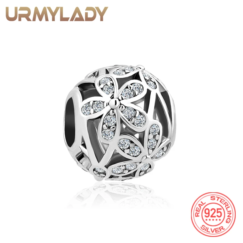 

URMYLADY 925 Sterling Silver Round Hollow Flower Zircon Charm Beads DIY Bracelet Fit Pandora Jewelry Pendant For Women