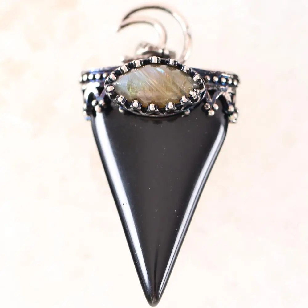 Кулон из натурального камня черный оникс треугольник античный серебряный цвет Корона полулуна подходит ожерелье для женщин и мужчин лечебные ювелирные изделия K697