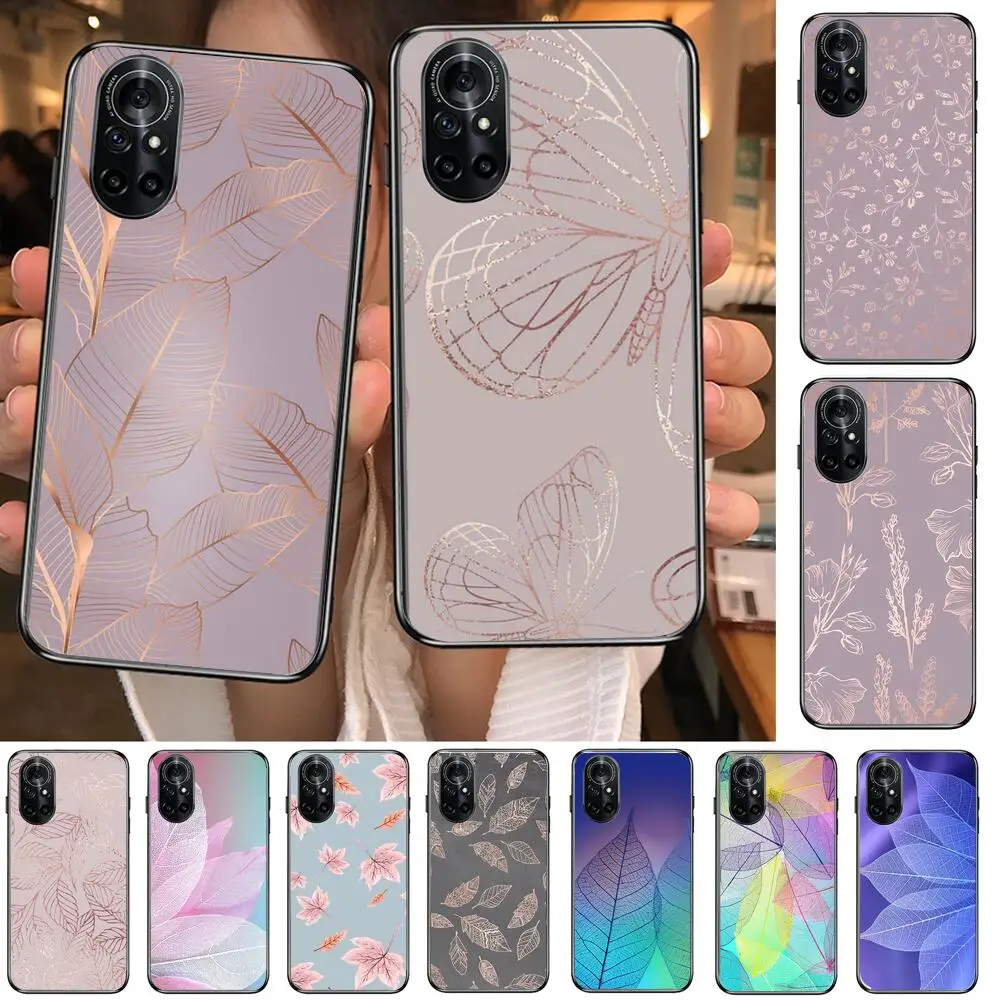 

2021 Fashion Trend Gold leaves Clear Phone Case For Huawei Honor 20 10 9 8A 7 5T X Pro Lite 5G Black Etui Coque Hoesjes Comic