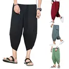 Мужские Эластичные Брюки-Капри, повседневные однотонные мужские брюки большого размера с завязками в стиле самурая, повседневные свободные спортивные штаны для мужчин, 2021