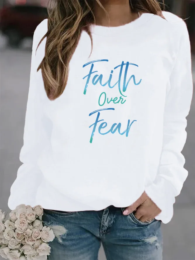 Women Hoodie Faith Over Fear Letter Printed Hoodies Women Fleece Long Sleeve O Neck Loose Sweatshirt Girls Pullovers Winter