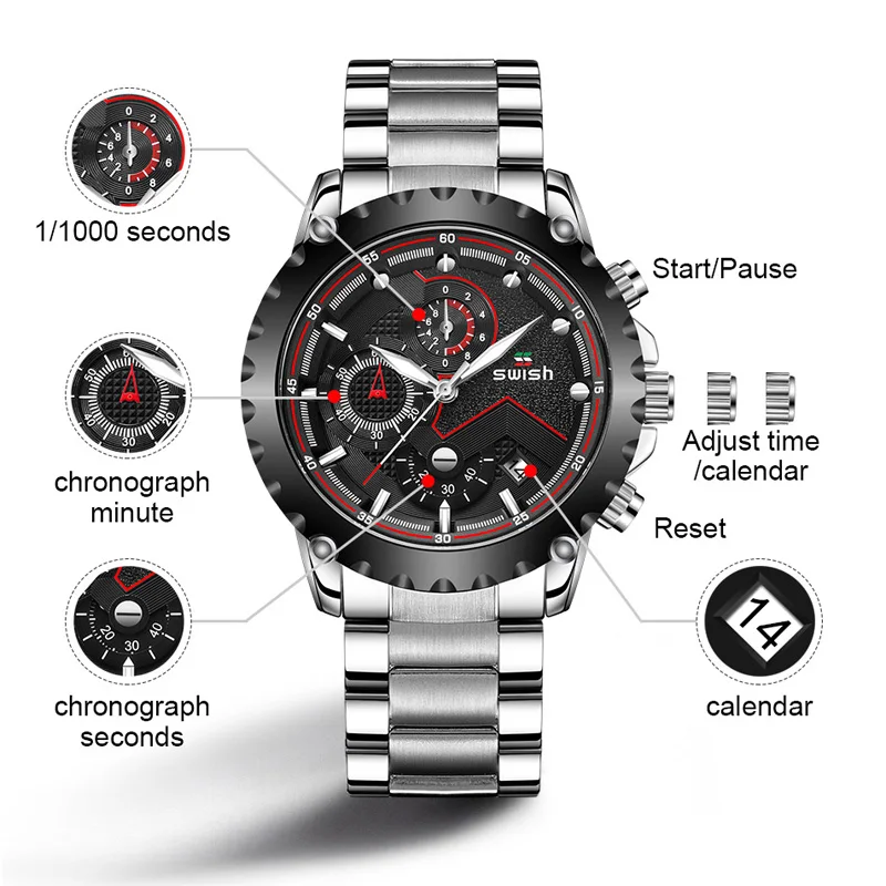 Мужские наручные часы SWISH роскошные брендовые деловые кварцевые из нержавеющей
