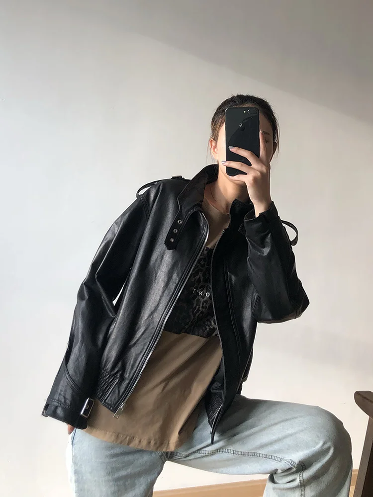 

Куртка кожаная женская, с вертикальным воротником, короткая, облегающая, растительного дубления, из овечьей кожи, мотоциклетная, тренд, 2021