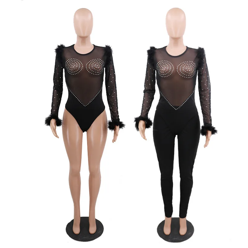 

Women Sexy Bodysuit and High Waist Pants 2 Piece Set See Through Pearls Beading Bodysuit Sexy Club Outfits Two Piece Set