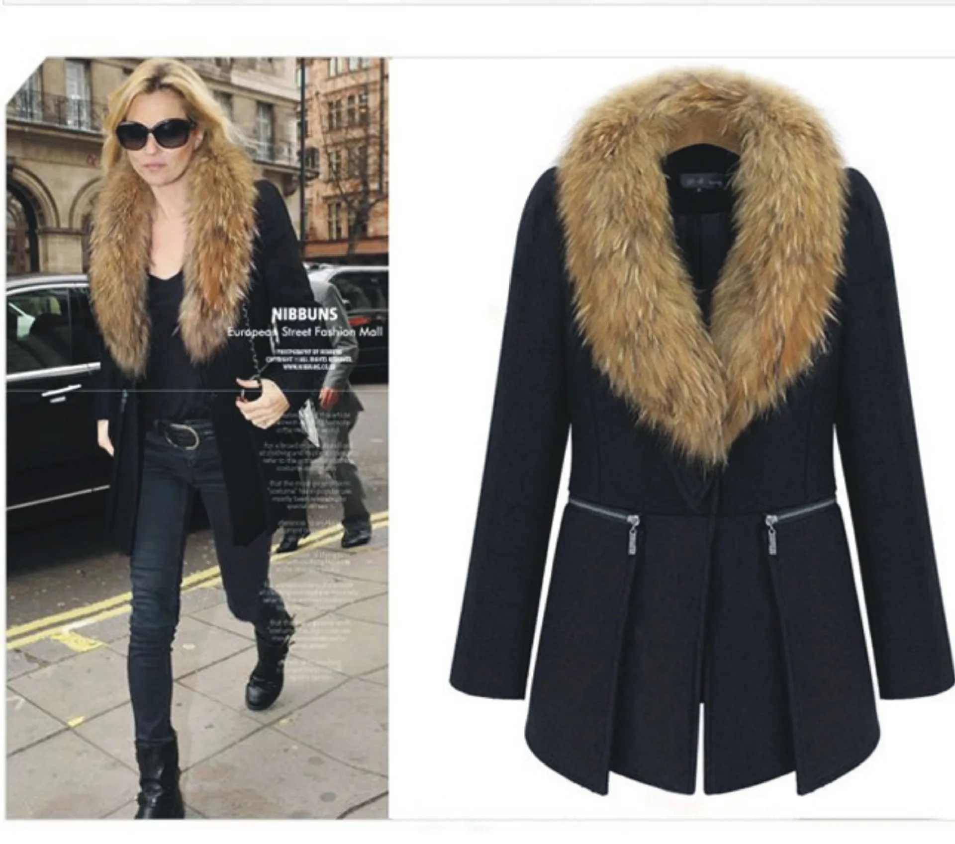 

New Plus Size Woolen Womens Coat Fur Collar Mid-length Woolen Overcoat Women Warm Coat Women
