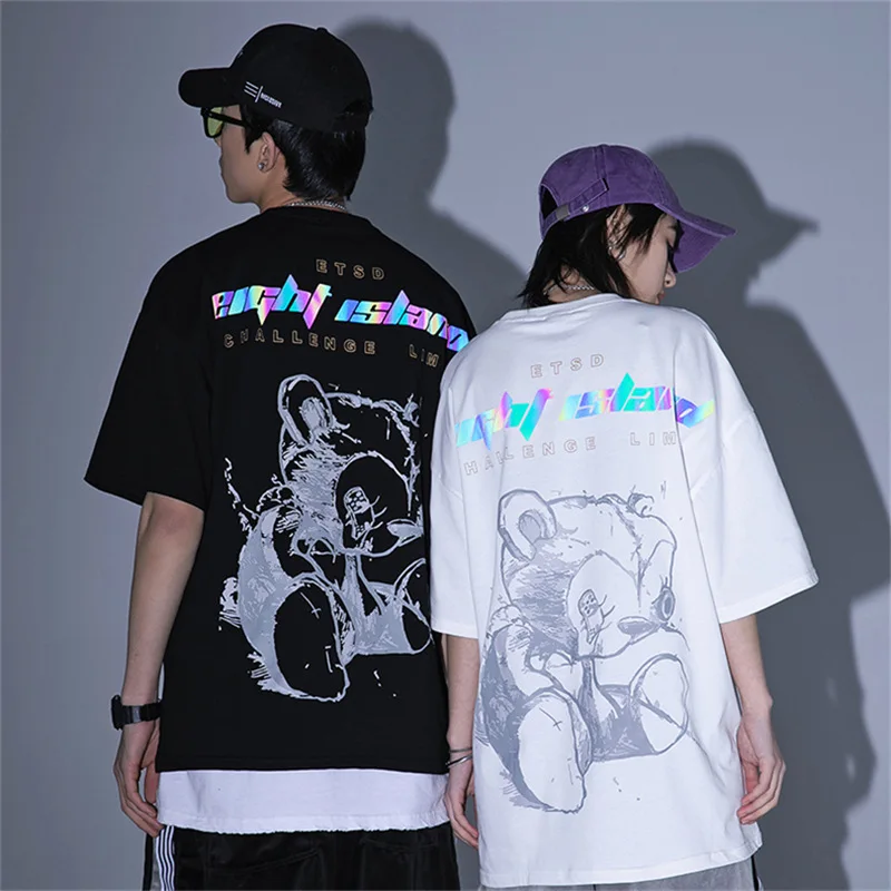 

Новая летняя Светоотражающая Повседневная футболка для влюбленных с черным медведем