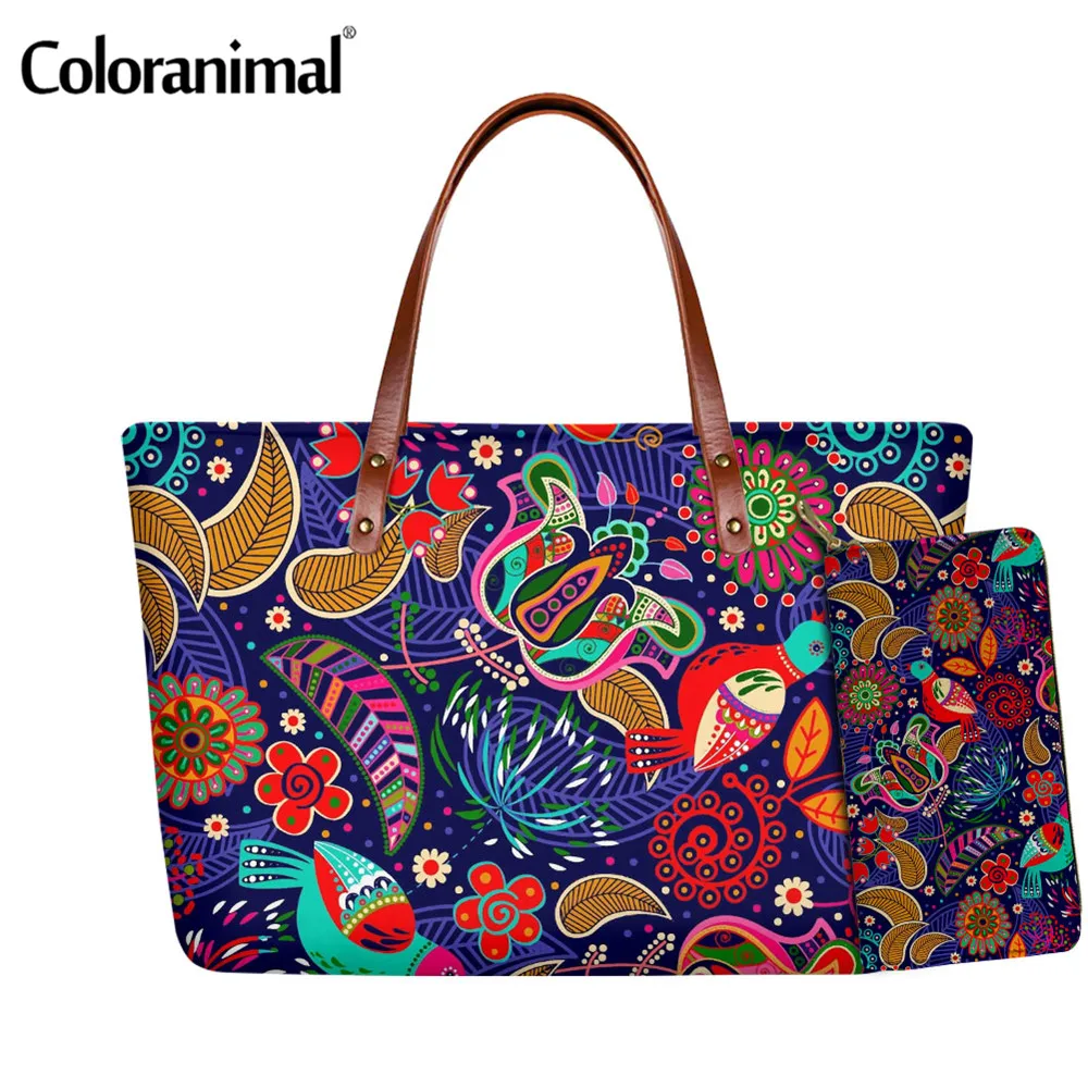 

Coloranimal 2021 Лидер продаж 2 шт./компл. женская сумка и кошелек довольно Племенной дурмана с цветочным принтом женская сумка-тоут из натуральной ...