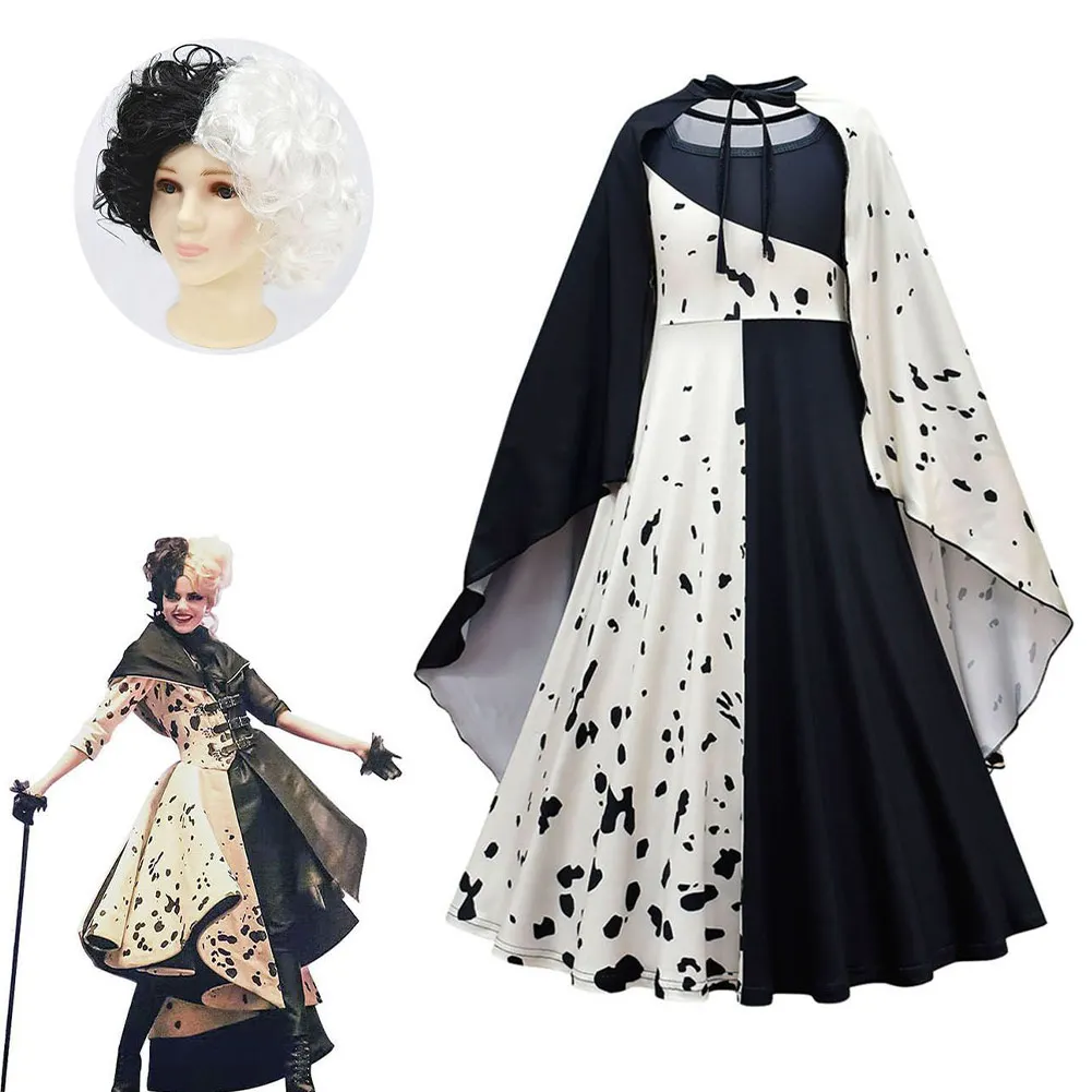Детский костюм для косплея Cruella девочек длинное платье накидка парик комбинезон