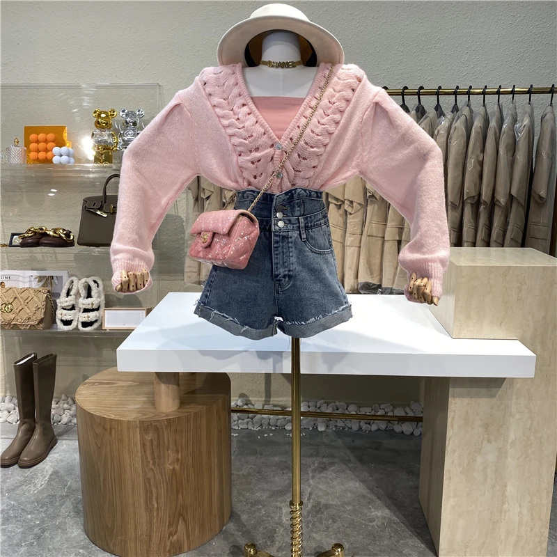 

Brand Original Design 2021 New Candy Color Twist Braids V To Get Long Sleeve Knitting + Wipe Chest Sweet Temperament Suit