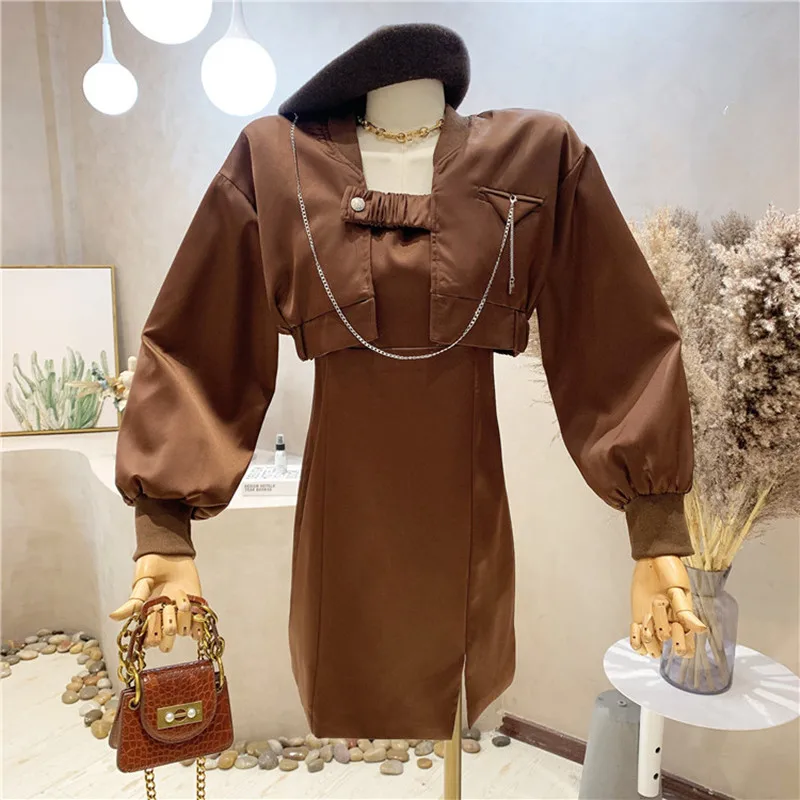 

Новинка Женская одежда 2021 осеннее короткое пальто куртка + платье на бретельках темпераментный комплект из двух предметов