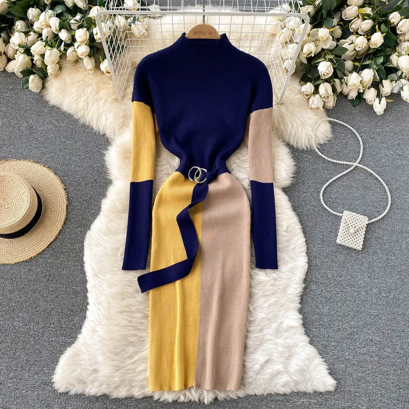 

Korean Elegant Knitted Long Sweater Dress Women Color-blocked Long Sleeve High Collar Bodycon Dresses Belt 2021 Fall Winter New