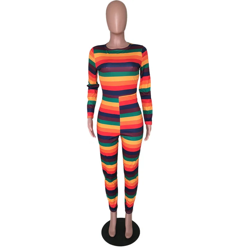 

Fitness Striped Long Sleeve Bodycon Jumpsuit Woman Workout Sporty Active Wear Skinny Long Rompers Womens Jumpsuit Female Body
