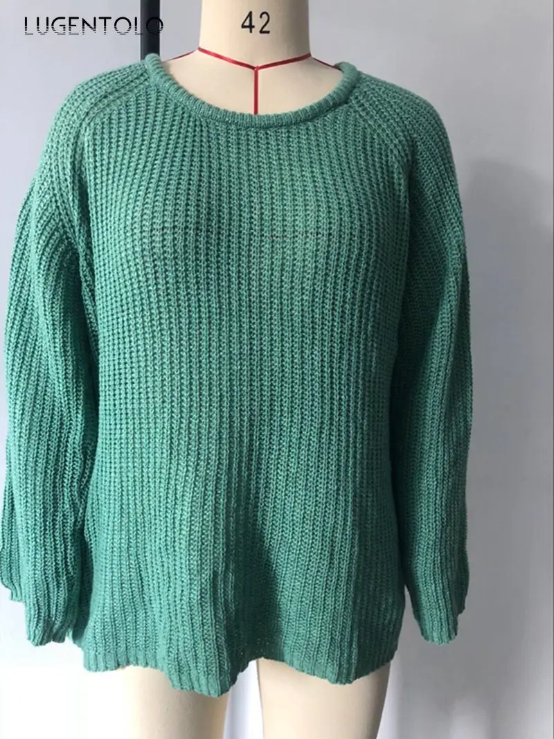 

Women's Sweater Solid Color Round Neck Autumn Loose Sweater Pullover Lady Casual Simple Sweater Lugentolo