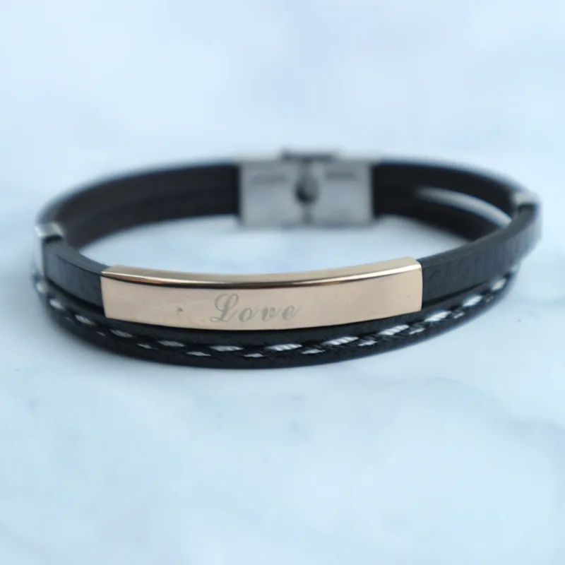 Многослойные кожаные браслеты для мужчин и женщин гравировальные из нержавеющей