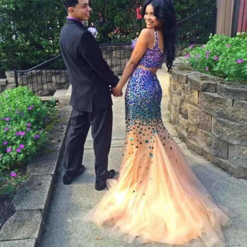 Женское вечернее платье русалка роскошное длинное из 2 предметов с кристаллами