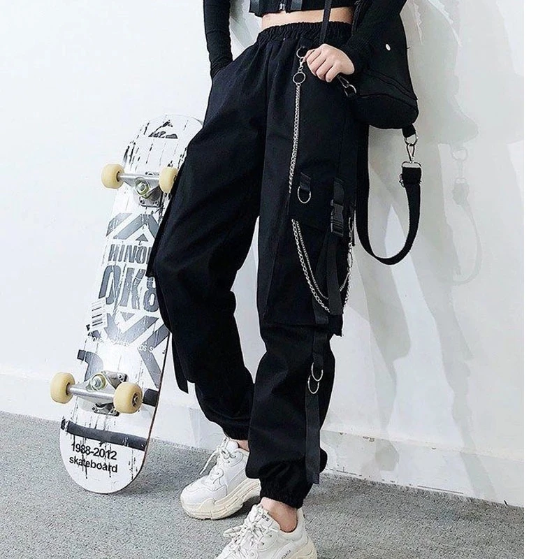 

Women's Cargo Pants Buckle Ribbon Pocket Jogger Elastic Waist High Hip Hop Streetwear Harajuku Pant Chain Females Trousers