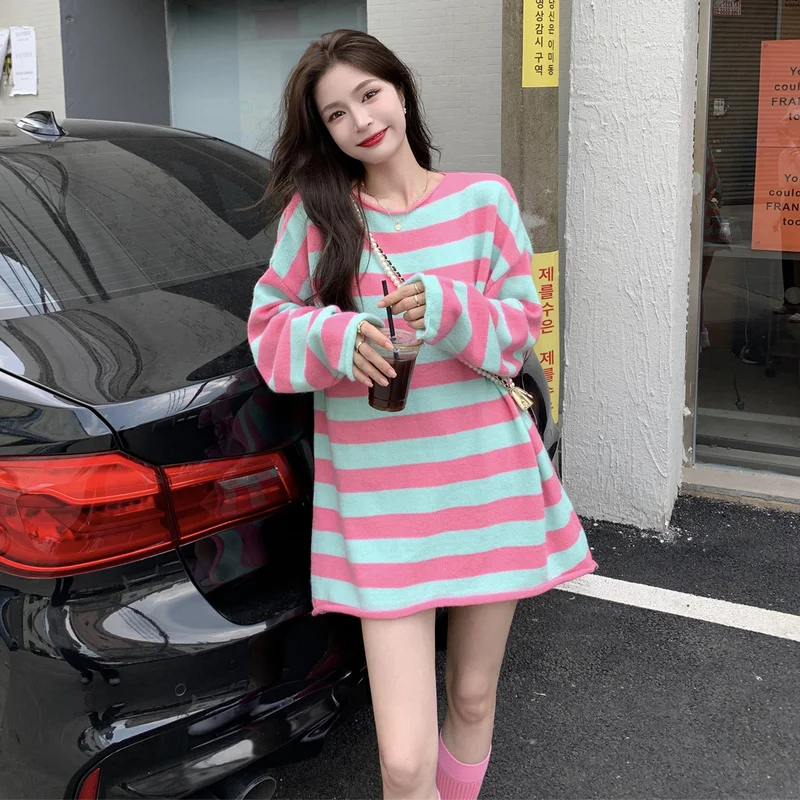 

Модные новые корейские свободные трикотажные свитера в полоску с длинным рукавом, осень 2021, Тонкий Топ, женская одежда, пуловеры