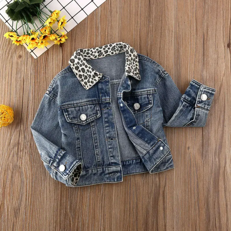 Autumn Coat Infant Baby Girl Jacket Kids Blue Denim Leopard Print Single Breasted Warm Outerwear Children Fashion | Детская одежда и