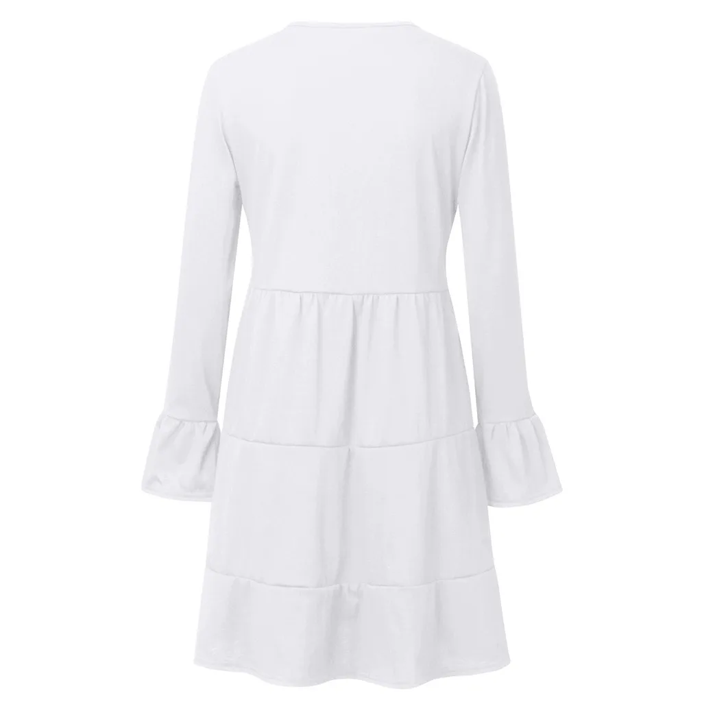 

Women Mini Dress Winter Fashion O Neck Long Flare Sleeve A Line Knee Length Dress Casual Loose Draped Party Dresses Vestidos