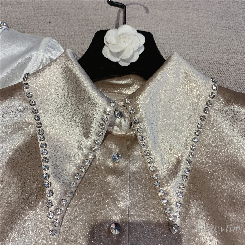 Tempérament Strass Satin Petit Haut Pour femmes 2021 printemps Col Rabattu À Manches Longues Chemisier De Dame Blusas Nancylim