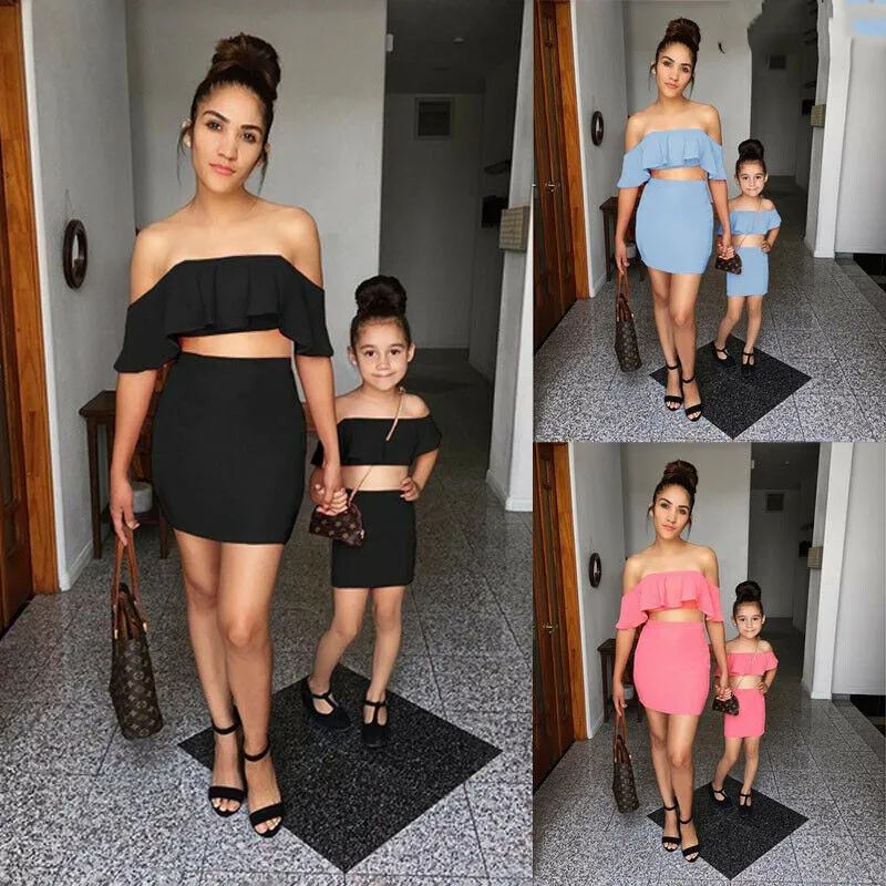 

Summer New 2Pcs Family Matching Women Girl Kid Outfits Ruffle Tops T-shirt Skirt Mini Dress Set Mother Daughter Matching Clothes
