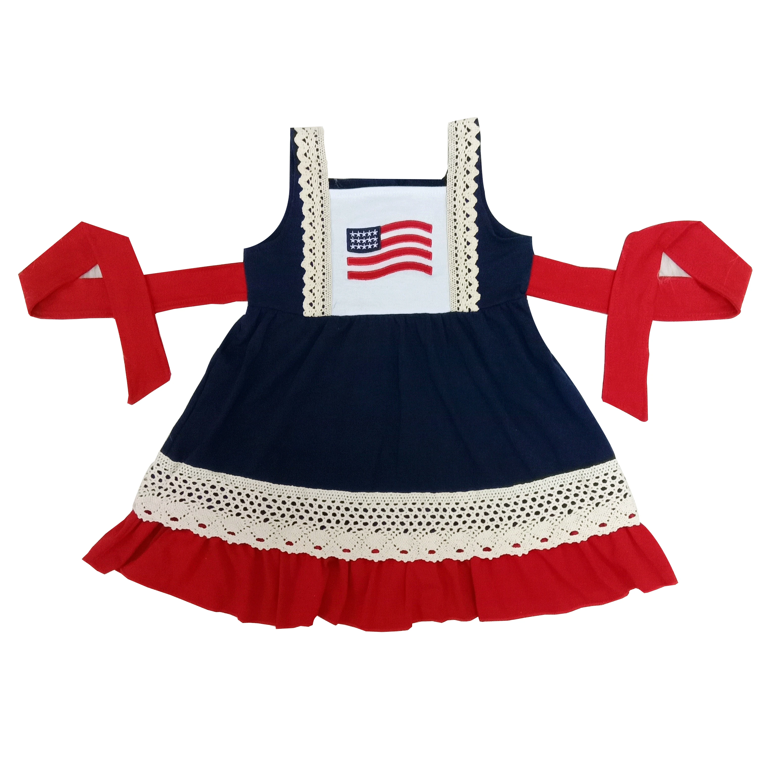 

4th July series applique flag cotton dress for baby girl with lace and belt