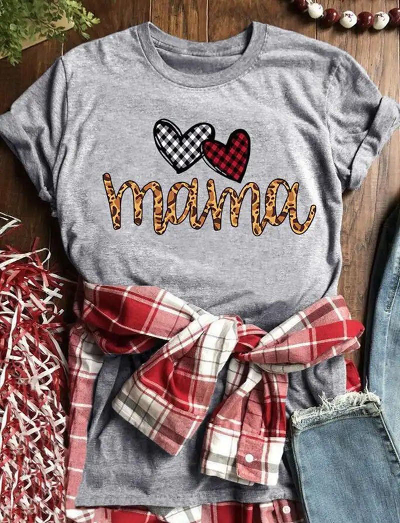 Женская футболка с надписью Mama Love Heart и леопардовым принтом в клетку Повседневная