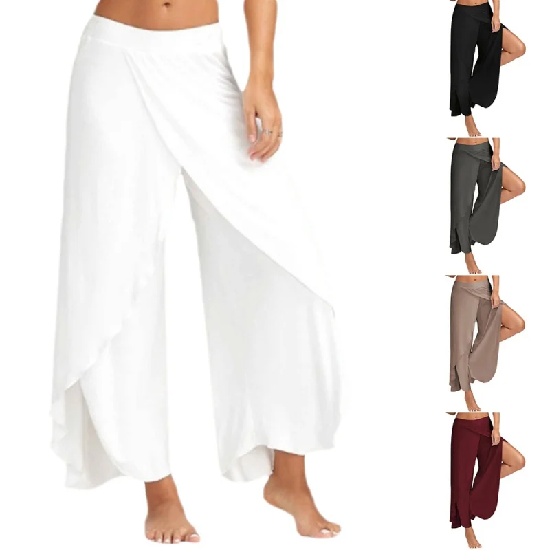 

Women Sports Pants Spring High Waist Solid Color Loose Elastic Straight Casual Split Pants