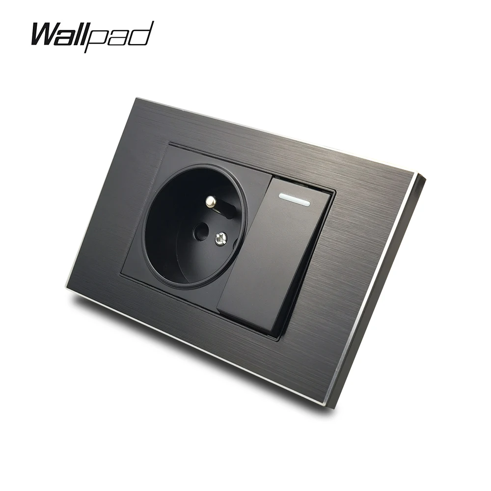 

118*72mm French Socket and Button Switch Wallpad L3 Black Aluminum Panel 1 Gang Wall Light Switch and Poland Belgium Outlet