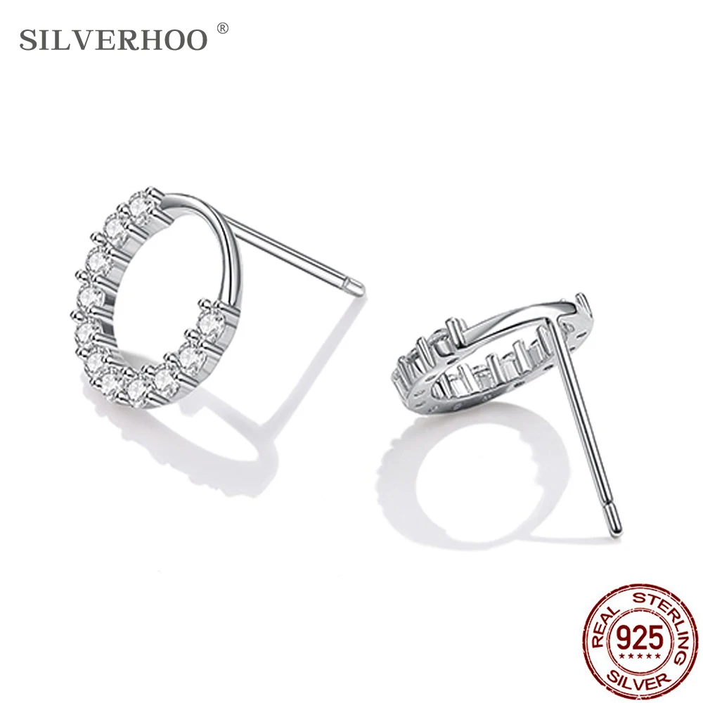 

SILVERHOO Circular Shape Stud Earring For Women 925 Sterling Silver 5A Cubic Zircon Earring Fine Jewelry Send Love Gift Hot Sale