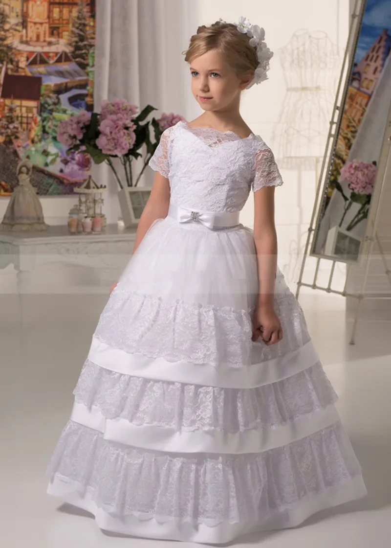 

White Flower Girl Dresses For Weddings Kid Party Ceremony Gown Short Sleeves Tulle Lace First Communion Dresses