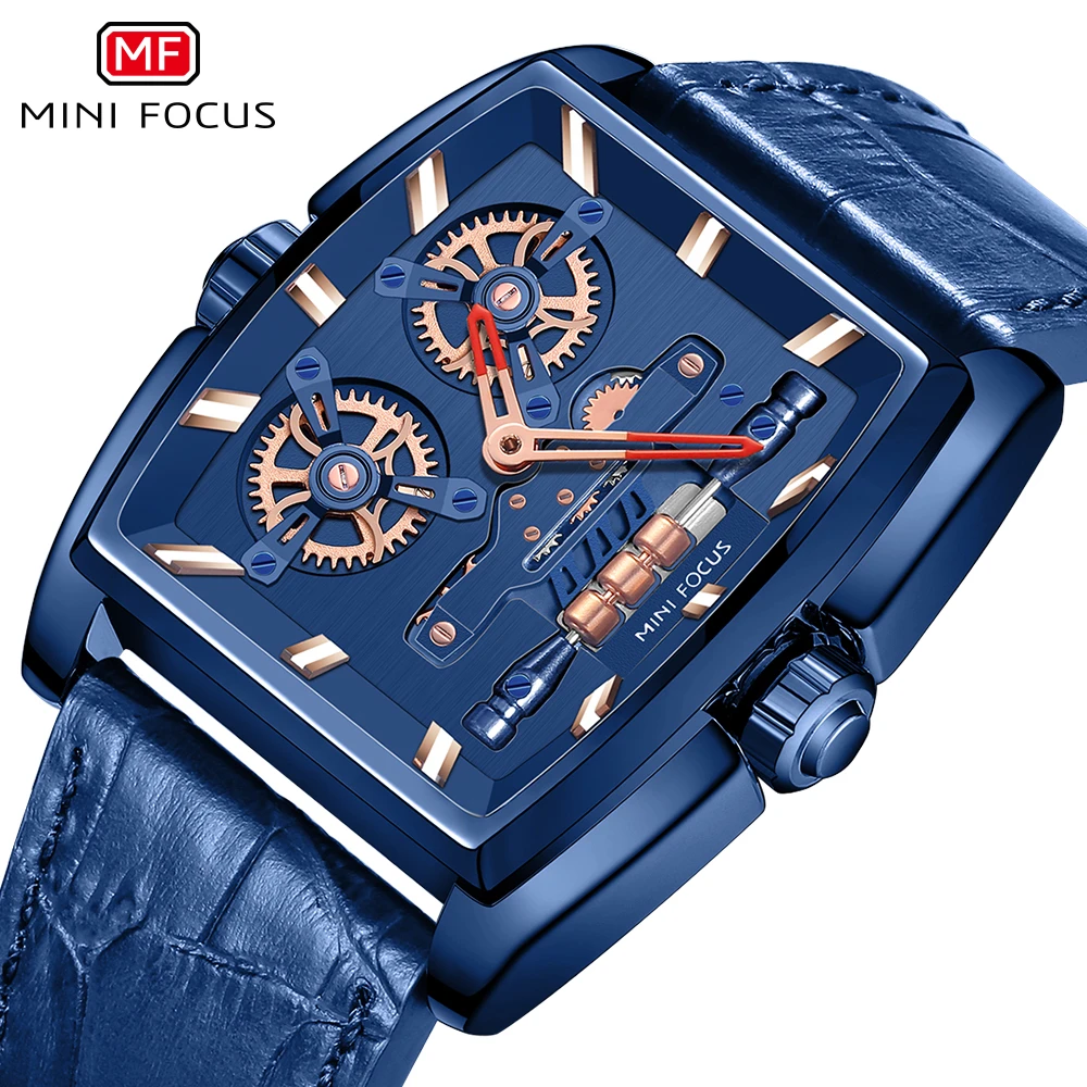 

MINI FOCUS Creative Rotating Gear Tonneau Design Leather Top Brand Luxury Watches Mens 2021 Quartz Watch Men Fashion Wristwatch