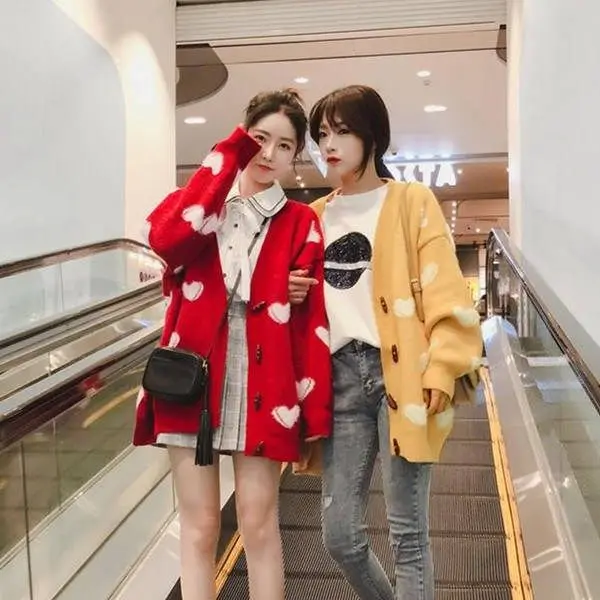 

Knitted Cardigan Sweater 2020 Early Spring Korean Style Loose Mid-Length V-Neck Peach Heart Long Sleeve Top
