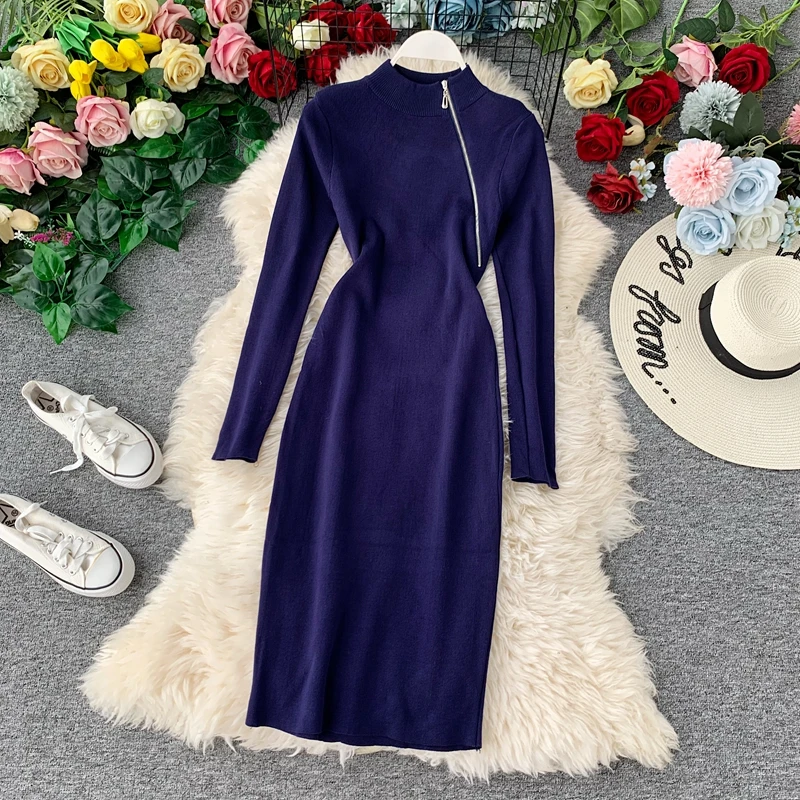 Осенне-зимнее женское платье-свитер с длинным рукавом эластичное трикотажное