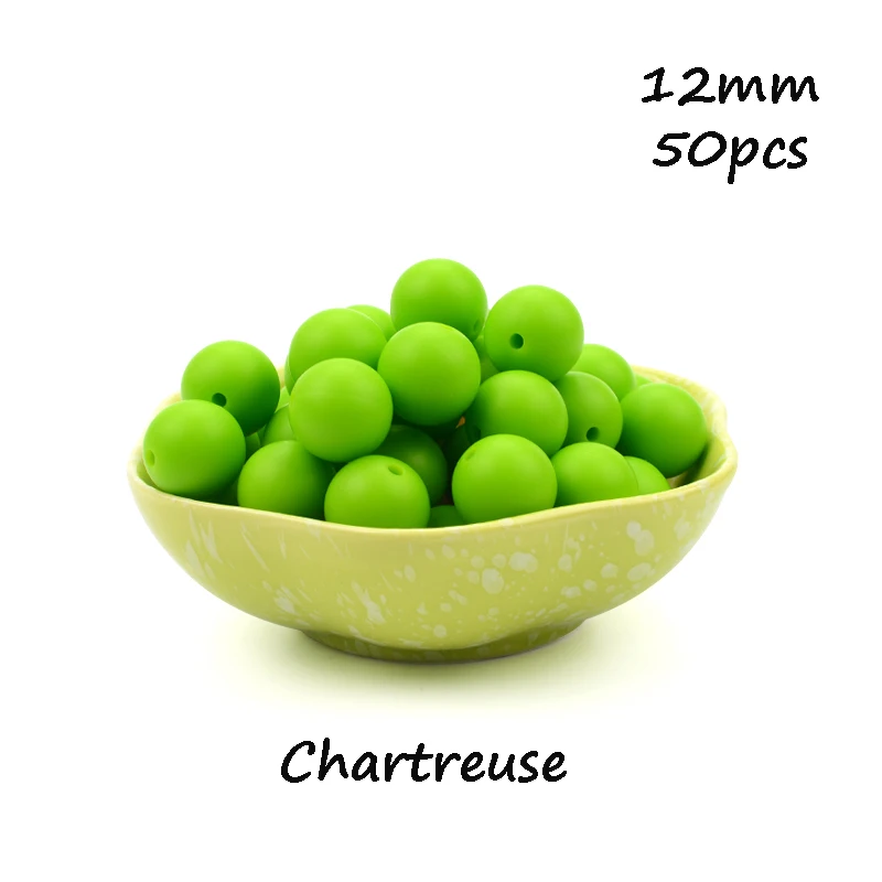 Chartreuse LOFCA, 12 мм, 50 шт./лот, бусины из пищевого силикона, Прорезыватель для зубов, круглые бусины, Детская жевательная для прорезывания зубов, Силиконовые Прорезыватели для самостоятельного изготовления - Цвет: Chartreuse