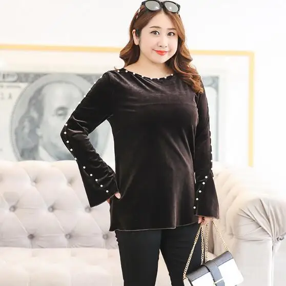 Бархатный топ размера плюс украшенный жемчугом длинный рукав черный зеленый 4XL 5XL