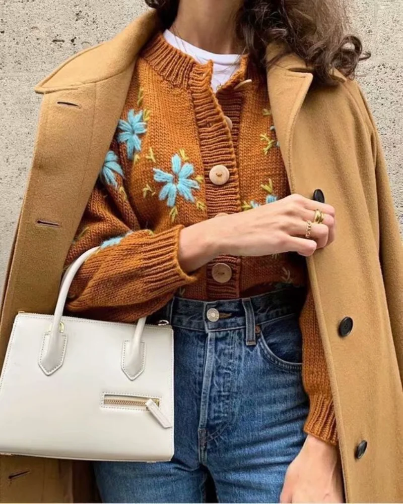 

Retro orange embroidery flower cardigan sweater women autumn round neck single-breasted knitted jacket office elegant top