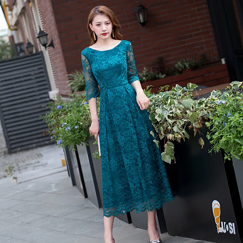 

Blue Lace Women Cheongsam Half Sleeve Elegant Chinese Dress Vestidos De Festa Autumu New Round Collar Qipao Evening Party Dress